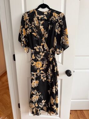 Black Floral Wrap Dress with Mustard Yellow Blooms
